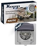 Kopp NAUTIC 1-fach Schutzkontakt-Steckdose mit Klappdeckel in Grau - Sichere Aufputz-Steckdose mit erhöhtem Berührungsschutz - IP44 Feuchtraumsteckdosen-Aufputz 16A / 250V~