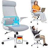 MELOKEA Bürostuhl Ergonomisch mit Verstellbare Kopfstütze, Schreibtischstuhl aus Mesh, Bürostuhl 200kg, Klappbare Armlehnen, Breites Sitzkissen, Wippfunktion, EN 1335 Computerstuhl, Desk Chair, Grau
