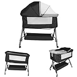 Kedia Babybett, Beistellbett, Kinderbett mit Moskitonetz, Kinderreisebett mit Rollen, 4 Höhenverstellung, Babybetten Stubenwagen, 104 * 52 * 103-115cm (schwarz)