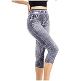 liangp Capris High Leggings Frauen Imitation Taille Leggings Jeans elastische Hosen Körperketten (Grey, M)