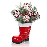 Arborus Künstliche Pflanzen Weihnachten Tischdeko Weihnachtsgesteck Künstliche Tannenzweige im Nikolausstiefel 33 cm Weihnachtspflanzen mit Weihnachtskugeln Kunstpflanze für Weihnachten Deko