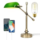 FIRVRE Bankerlampe Grün Dimmbar, Vintage LED Schreibtischlampe mit Ladefunktion, Tischlampe Touch Dimmbar e27 für Studie, Home Office, Wohnzimmer, Schlafzimmer