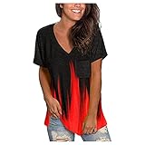 Damen-T-Shirt mit V-Ausschnitt, locker, kurzärmelig, lässig, mit Taschen, Farbblock-Blusen, rot, M