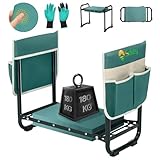 Sekey Höhenverstellbare Kniebank für Gartenarbeit Belastbarkeit 180KG, Gartenhocker Klappbar mit Werkzeugtaschen, Knie Komfort Garten, Grün