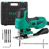 STANEW Stichsäge 650 Watt，5 x Stichsägeblatt, 3000 U/min, Elektro-Stichsäge, Neigungswinkel ±45°, 6 einstellbare Geschwindigkeiten, Werkzeugloser Klingenwechsel, Geeignet Für Holz, Metall, PVC