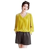 Langärmeliges T-Shirt aus Seidensamt für Damen, kühl und weich im Frühling und Sommer, gelb, Groß