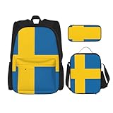 QPIPGER Lässiger Rucksack mit schwedischer Flagge, Thermo-Lunchbox und Federmäppchen, 3-in-1-Oxford-Tasche