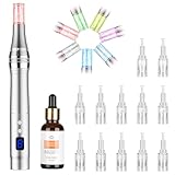 Raylinyee professionelles elektrisch derma pen Microneedling Nadeln 0-2.5 mm und 8 stufen(Inkl.12 köpfe Patronen) & Hyaluron Serum mit Vitamin C, Hyaluronsäure-Gesichtsserum (Silbrig)