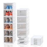ELUCHANG Schuhboxen Stapelbar Transparent, Installationsfrei 6er Pack Schuhbox, Faltbar Schuhaufbewahrung mit Tür für Schrank Wand Turnschuhe Stöckelschuhe, bis Größe 45,weiß