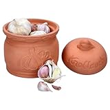 MamboCat Terra Knoblauchtopf aus Terrakotta I Ø 12,8cm I Tontopf mit Deckel für Ihre Küche I formschöne Aufbewahrungsdose mit Relief & Schriftzug I Ideal für die Lange Lagerung