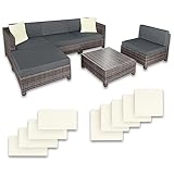 tectake Gartenmöbel Set, Lounge aus Poly Rattan und Aluminium, Balkon Möbel Set mit 10 cm Polsterung und Kissen, ideal für Garten und Balkon, inkl. 2 Sessel, 2 Ecksessel, 1 Tisch, 1 Hocker - grau