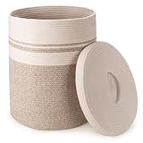 Rieeyrslza Wäschekorb für Decken mit Deckel 58L Gewebter Baumwoll Seil Korb Baumwolle Seil Wäschesammler mit Hohler Griff, für Wohnzimmer, Platzieren Decken Kissen, 38 x 50cm(Braun)