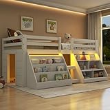 Kinderbett Halbhochbett 90x200 mit LED Beleuchtung, Einzelbett mit Treppe & Aufbewahrungsschrank, Stauraumbett Holzbett Funktionsbett Jugendbett mit Rausfallschutz & Lattenrost, Weiß, ohne Matratze