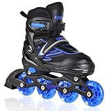 LOKJIJI Einstellbare Inline Skates für Kinder Mädchen Jungen Anfänger, Inline Skates mit Light Up Räder für Kinder und Jugendliche für drinnen draußen Sport Schwarz & Blau (Medium)