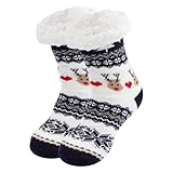 Mayoii Hausschuhsocken für Damen, mit Greifern, rutschfest, flauschiger Griff, Winter, warm, dick, bequem, weiche Fleece-Hüttensocken, Marineblauer Hirsch, Einheitsgröße