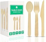 Table Kind 150 x Großpackung Besteck aus Holz, biologisch abbaubar, Messer, Gabeln, Löffel, perfekt für Geburtstagspartys, Camping, Picknicks oder Grillabende, Catering, Utensilien 17 cm