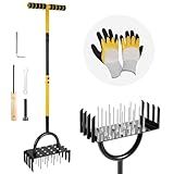 2 in 1 Rasenlüfter, Manuell Aerifizierer für Rasen mit 16 Eisenspikes und 8 Entkernungslöcher, T-Griff Rasenbelüfter mit Reinigen Sie den Griff und Handschuhe, Rasen Belüften für Höfe, Garten