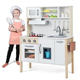 HOMASIS Spielküche mit 18 Zubehör, Kinderküche Holz, Spielzeugküche mit Spüle Herd Backofen Mikrowelle Eismaschine, Holzküche mit Licht & Sound, Kinderspielküche Eckküche für Kinder ab 3 Jahre (Weiß)