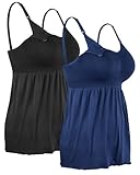 4How 2 Stück Damen Stilltops ohne Bügel Tanktop Unterhemd mit Integriertem BH für Stillen SchlafSchwarz+Blau,M