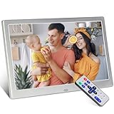 Digitaler Bilderrahmen 10 Zoll, Elektronischer Bilderrahmen Kalender/Uhrfunktion/Musik/Foto-/Videoplayer mit Fernbedienung, unterstützt USB/SD-Karte (Silber)