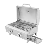 Tischgrill Edelstahl, 2-fach Gaskocher Camping – Klappbarer Outdoor Gasgrill mit Piezo-Zündung, Edelstahl 304 für Garten, Terrasse, Campingkocher & Picknick