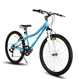 Hiland Climber 24 Zoll Mountainbike, 7 Gang Kinderfahrrad MTB mit Federgabel V-Bremse Jugend Mädchen Jugendliche Fahrrad blau