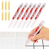 Fliesenfugenstift mit Ersatzspitze, 6er Pack Wasserfester Fugenstift - Fugenmörtelstift ideal zur Reparatur von Fliesenfugen in Bad und Küche, Weiß