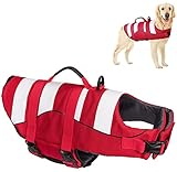 Schwimmweste Hund Klassische Streifen, Reißfeste Größenverstellbar mit Starkem Rettungsgriff Hund Rettungsweste für Schwimmen und Bootfahren (Rot, S (Chest Girth:42-53cm))