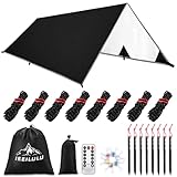 IEEILULU Tarp Wasserdicht 3x3/3x4/3x5m, Ultraleicht Camping Zeltplane mit Ösen+8 Erdnägel+ 8 Seilen+ Licht, Regenschutz Sonnenschutz für Camping Outdoor Picknick Wandern Hängematte (Schwarz)