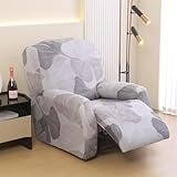 Highdi 4-teiliges Stretchhusse für Relaxsessel, Komplett Sesselschoner für Fernsehsessel 1 Sitzer mit Liegefunktion, Blumenmuster Sesselbezug Antirutsch mit Elastischem Boden (Hellgrau)