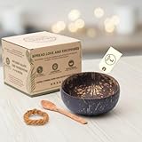 cocovibes Kokosnuss Bowl – Müslischale, Smoothie Kokosnuss Schale mit Anti-Kipp-Ring & Holzlöffel – nachhaltige Dessert & Buddha Schale (CLASSIC-1)