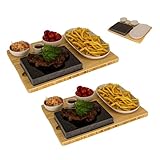 Lavastein Steakbrett 2 Sets, Servierplatte, Bambusbrett mit Hot Stone Grill, Steak Grillplatte, Steinplatte, Tischgrill Grill Set