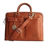 DE LAMASSU Julian Premium Echtleder-Laptoptasche, 16 Zoll, Unisex Business-Tasche mit Trolleyband, Schwarz (Cognac)