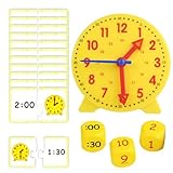 ZocRjvN Lernuhr Kinder, 1 Set Uhr Lernen für Kinder ab 5, 6 und 8, Lernspiele mit 3 Würfeln und 12 Zeitkarten, Gelbe Lernuhr aus Kunststoff für Grundschule und Kindergarten