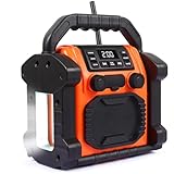 Bingxue Baustellenradio-Bluetooth-Lautsprecher, 30 W, IPX 66, wasserdicht, FM-Radio mit LED-Lichtern, Antikollisions-FM-Radios für Baustelle, Outdoor, Angeln, Party, Camping (Orange)