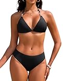 Vijamiy Triangel Bikini Damen Set Sexy Push Up Zweiteiliger Bademode String Bikinis für Damen Neckholder Swimsuit Träger Oberteil mit Riemen Perlen(Schwarz,M)