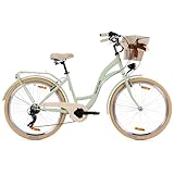 Goetze Mood 26 Zoll Damen Citybike, 17 Zoll Tiefeinsteiger Rahmen, 6-Gang Kettenschaltung, V-Bremse, LED-Beleuchtung, Gepäckträger, Komfortsattel, Schutzbleche, Rattankorb mit Stoffeinsatz!