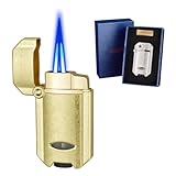 HUANHUZ Metall-Gasfeuerzeug, winddichtes Fackelfeuerzeug mit doppelter gerader Röhre, sichtbares transparentes Gasfenster.(Gold)