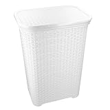 HRB Wäschekorb mit Deckel Rattan 65 Liter, Wäscheaufbewahrung aus Kunststoff, Wäsche Sortierer (Weiß)