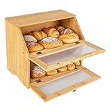 CHZIMADE Bambus Brotkasten 2 Etagen Brotbehälter lebensmittelecht Brotaufbewahrung Bambus Brotkasten mit Schublade 39x25x32cm