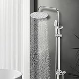 W&H Duschsystem mit Armatur, Chrom Duschsystem mit großer Regendusche und Handbrause, Duschsystem mit Duschstange aus Edelstahl, Regendusche set, Überkopfbrause set, Duschgarnitur - Silbrig