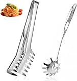 Spaghetti Server Set, Edelstahl Spaghettizange, Edelstahl Pasta Löffel, Spülmaschinenfest geeignet zum Backen und Kochen von Nudeln auch für Salate geeignet(2er-Set silber)