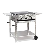 Gasbräter 11kW 3-flammiger Edelstahl-Brenner fahrbar mit Stahlpfanne und Abstellplatten Gasgrill Gastrobräter Profigrill Verein