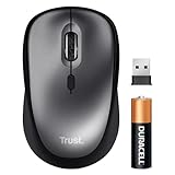 Trust Leise Funkmaus mit Batterie für Rechts- und Linkshänder, 800-1600 DPI, 83% Recyclingkunststoff, Verstaubarer USB Mikroempfänger, Kompakte Maus Kabellos für Laptop, PC, Mac - Schwarz