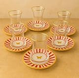 Çetintaş dış ticaret Türkisches Teeglas-Set mit Untertassen – 6 Gläser, Rot-Goldene Streifen & Schmetterlings-Design, mit Goldrand
