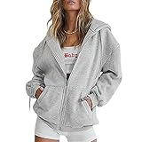 Geagodelia Damen Kapuzenjacke Kapuzenpullover Vintage Oversize Sweatjacke Sweatshirt College Jacke Übergangsjacke Zip Hoodie Hoody mit Kapuze (Grau (Dick, 600g), XL)