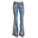 Schlaghose Damen Jeans Blumen - Jeanshosen Jacquard Denimhose Vintage Stickerei Schlagjeans Elegante Bootcut Röhrenjeans Hohe Taille Flared Pants Y2K Style Denim Freizeithose