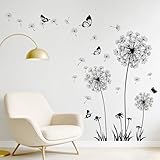 Wandsticker Wandaufkleber Deko, Wand Aufkleber Sticker Schwarzer Löwenzahn mit Schmetterling Selbstklebend PVC 30×90 cm abnehmbar ideal für Kinderzimmer & Wohnzimmer