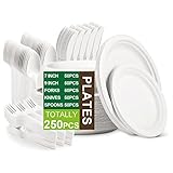 Jeopace Einweggeschirr Set 250 Stück Biologisch Abbaubar Ökologisch Pappteller Set Bagasse einweggeschirr,Maisstärke Gabel,Messer und Löffel Set für Party(Weiß)