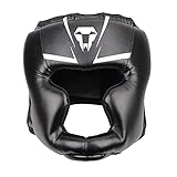 LangRay Boxen Kopfschutz für Erwachsene, Leder Boxhelm Thaiboxen Gesichtsschutz Hoher Schlagdämpfung mit Perfekter Sicht und Gute Schweißaufnahme für Kampfsport MMA Boxen Kickboxen Sparring,Schwarz,L